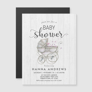 Vitt virke & Carriage Girl Baby Shower-inbjudan Magnetisk Inbjudningskort