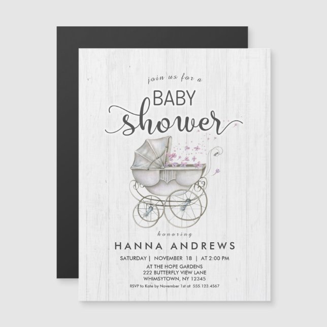 Vitt virke & Carriage Girl Baby Shower-inbjudan Magnetisk Inbjudningskort (Fram/baksida)