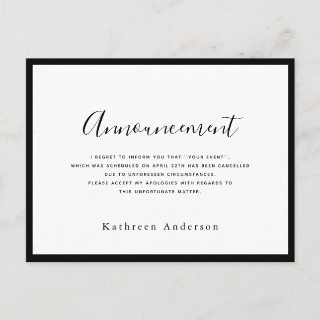 Vitt vykort för meddelande om annullering av skrip (Framsida)