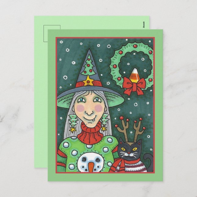 VITTNAD I SNÖGUBBE SWEATER, SVART CAT JULAFTON HAL HELG VYKORT (Fram/baksida)