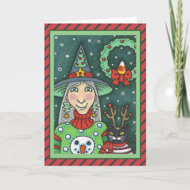 VITTNAD I SNÖGUBBE SWEATER, SVART CAT JULAFTON HAL KORT (Framsida)