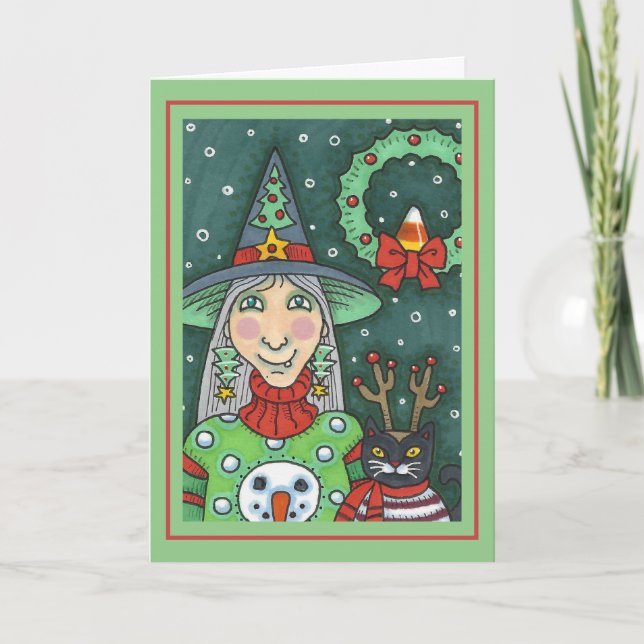 VITTNAD I SNÖGUBBE SWEATER, SVART CAT JULAFTON HAL KORT (Framsida)