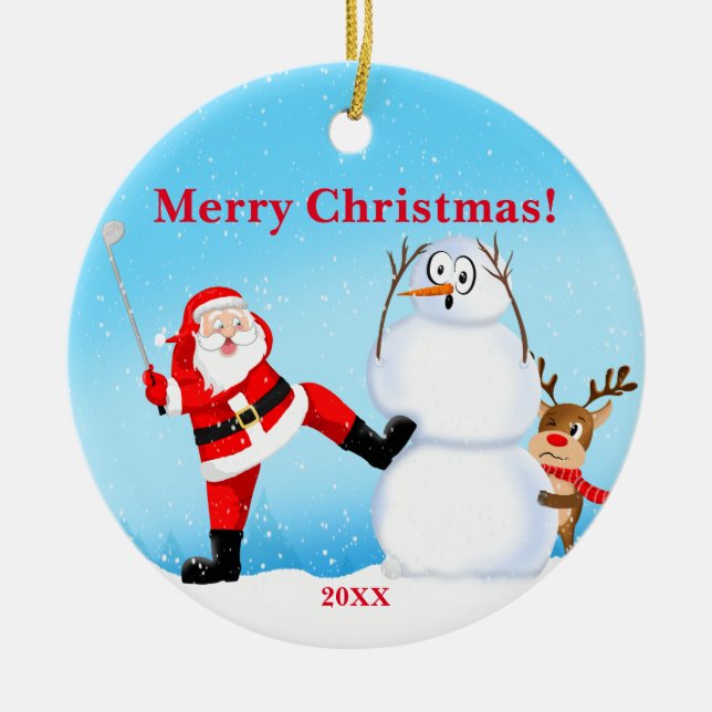 Vittomten som spelar golf, Snögubbe och renar Julgransprydnad Keramik (Framsidan)