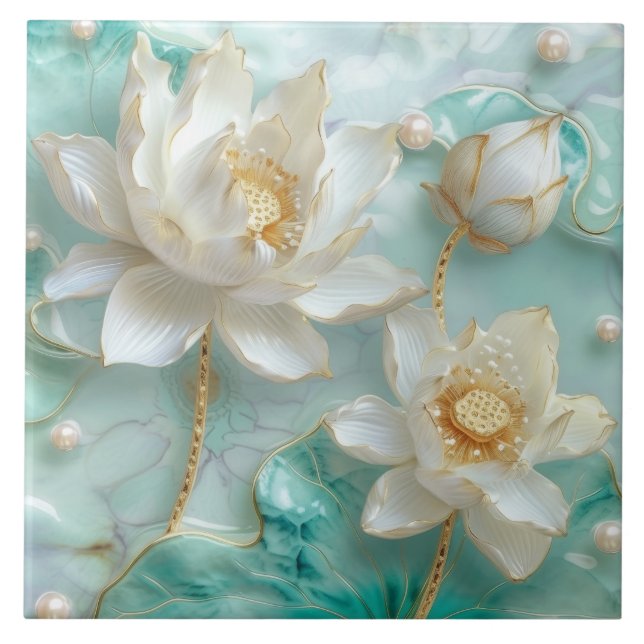 Vitturkos Aquamarine Guld Lotus Lily Flower Kakelplatta (Framsidan)