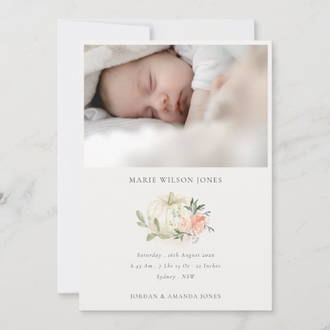 Vitumpkin Blommigt Photo Baby Birth Notice Tack Kort (Framsida)