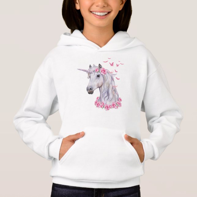VitUnicornhäst, rosa ros och fjärilar T Shirt (Framsida)