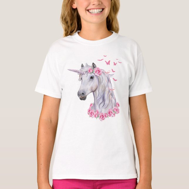 VitUnicornhäst, rosa ros och fjärilar T Shirt (Framsida)