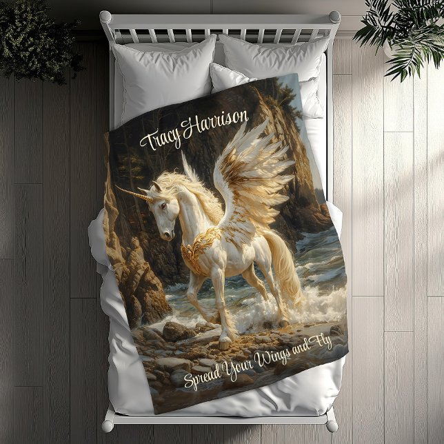 Vitvingad Unicorn Mythical Ocean Fantasy Horse Fleecefilt (Skapare uppladdad)