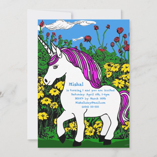 Vitvit Lila Birthday Unicorn Inbjudningar (Framsida)