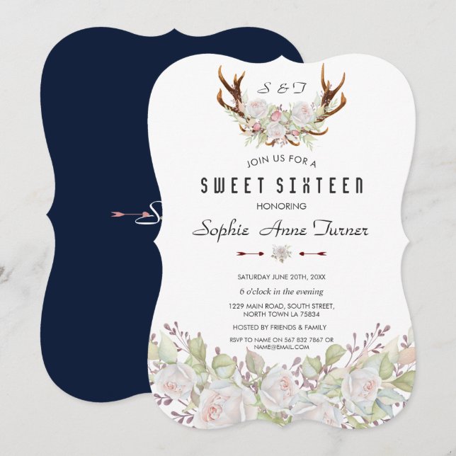 Vitvit Rosa Blommor Antlers Sweet 16 Inbjudningar (Fram/baksida)