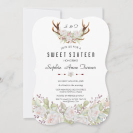 Vitvit Rosa Blommor Antlers Sweet 16 Inbjudningar