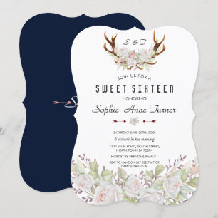 Vitvit Rosa Blommor Antlers Sweet 16 Inbjudningar