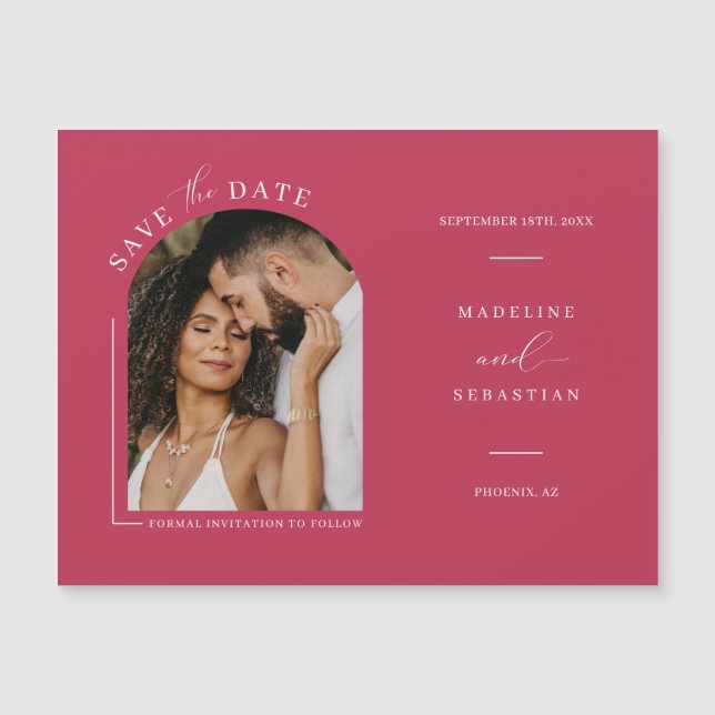 Viva Magenta Arc Photo Save Date Magnetic Card (Framsida)