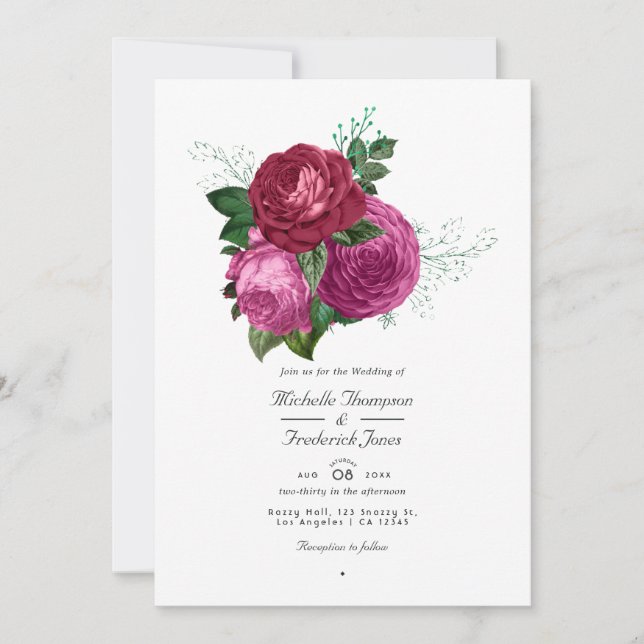 Viva Magenta Blommig Bröllops QR-kod Rsvp Inbjudningar (Framsida)