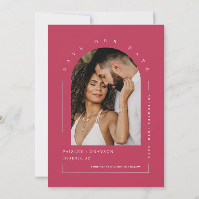 Viva Magenta Boho Arch Photo QR Code Spara vårt da Inbjudningar (Framsida)