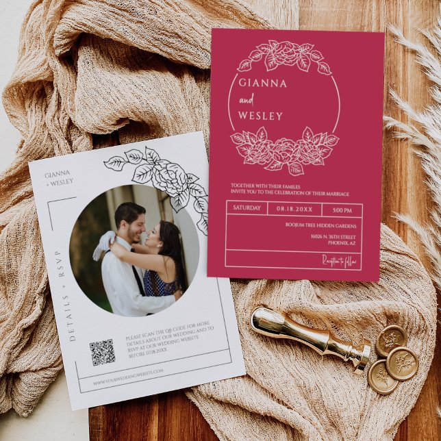 Viva Magenta Botanical Line Art QR-kodfoto Inbjudningar (Skapare uppladdad)