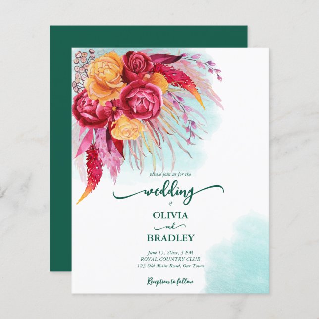 Viva magenta burgundy orange ro budget inbjudan (Fram/baksida)