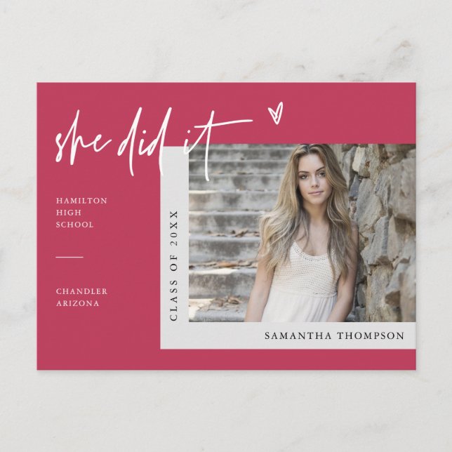 Viva Magenta Minimal Photo Hon gjorde det Studente Vykort (Framsida)