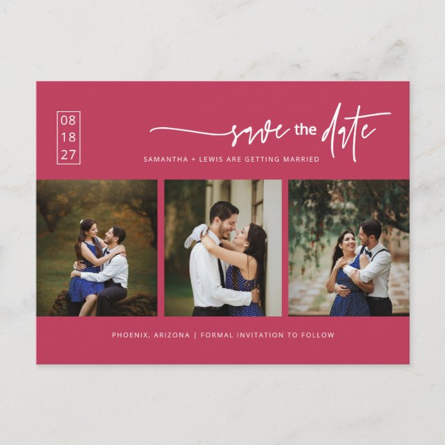 Viva Magenta Minimalistisk Foto QR-kod Spara datum Vykort (Framsida)