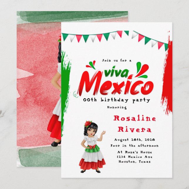 Viva Mexico Girl tjugonde Födelsedagsfesten Inbjudningar (Fram/baksida)