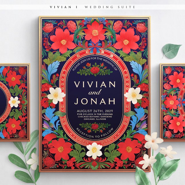 VIVIAN I - Inbjudan till färgstarkt Blommigt-bröll (Vivian I Wedding Invitation)