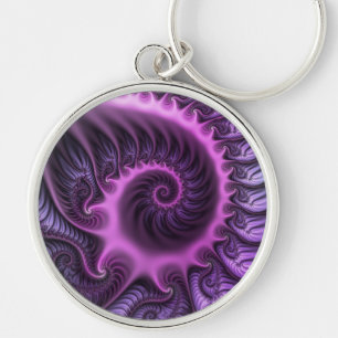 Vivid Abstrakt Coola Rosa Lila Fractal Art Spiral Rund Silverfärgad Nyckelring