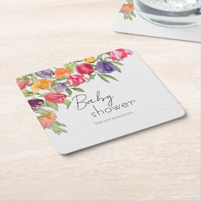 Vivid Blooms Bright Tulips Baby Shower Underlägg Papper Kvadrat (Vinklad)