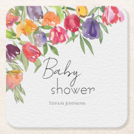 Vivid Blooms Bright Tulips Baby Shower Underlägg Papper Kvadrat