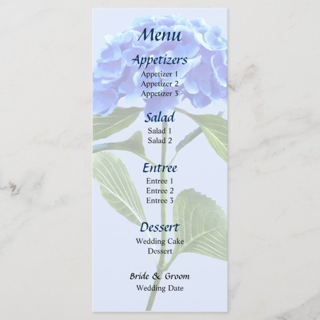Vivid Blue Hydrangea Bröllop Menu Meny (Framsida)