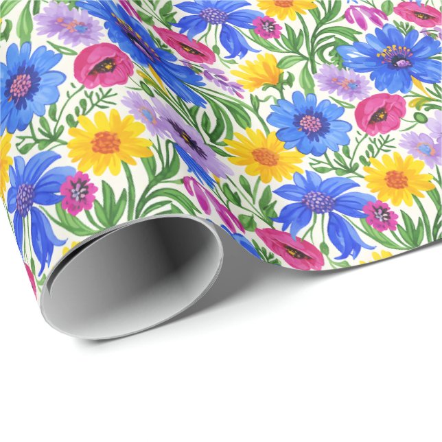 Vivid Blue Yellow Red Purple Flowers Pattern Presentpapper (Rullad Hörn)
