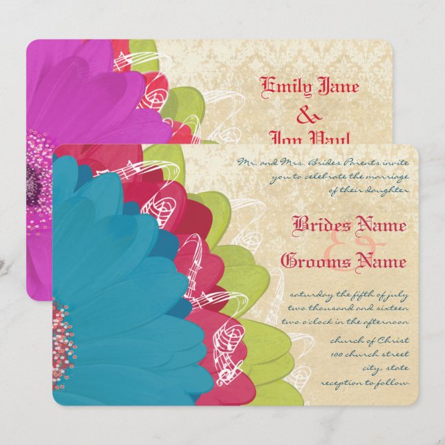 Vivid Coral Lime & Grape Gerber Wedding bjudande i Inbjudningar (Fram/baksida)