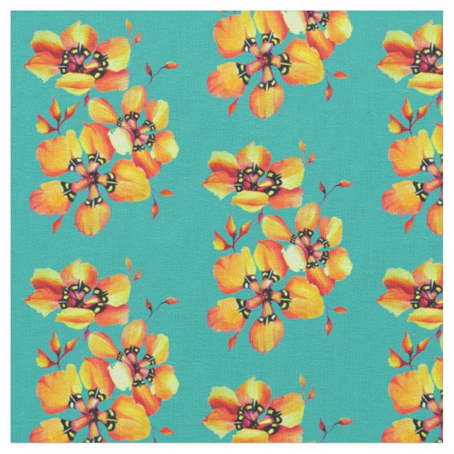 Vivid Exquisite Flowers Aqua Tyg (Närbild)