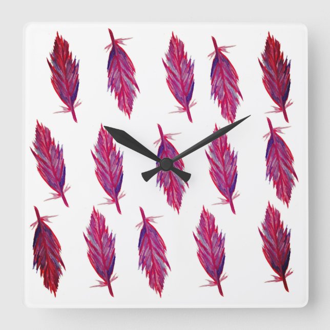 Vivid Färg Feathers Square Wall Clock Fyrkantig Klocka (Framsida)