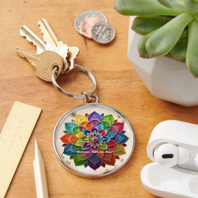 ’Vivid Flower Mandala’ Rund Silverfärgad Nyckelring (Skrivbord)