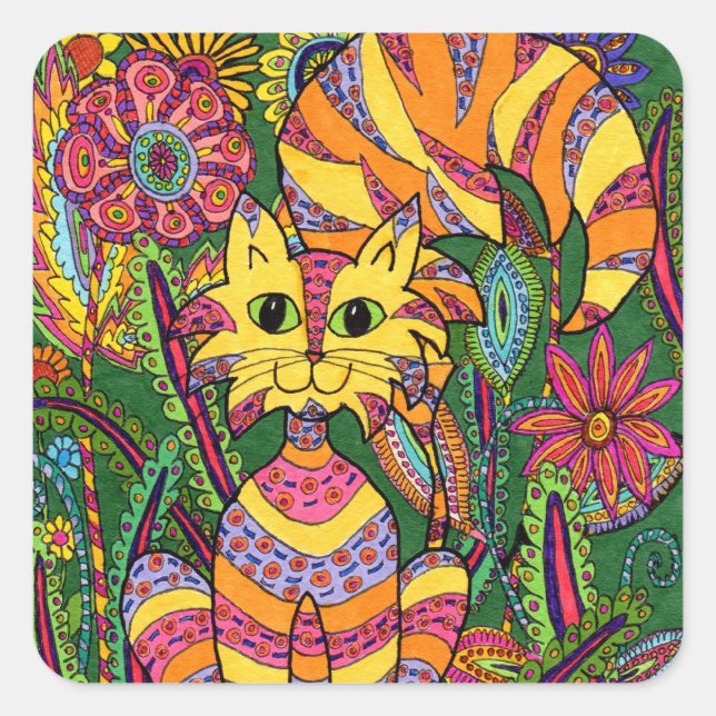 Vivid Garden Cat 2 Fyrkantigt Klistermärke (Framsida)