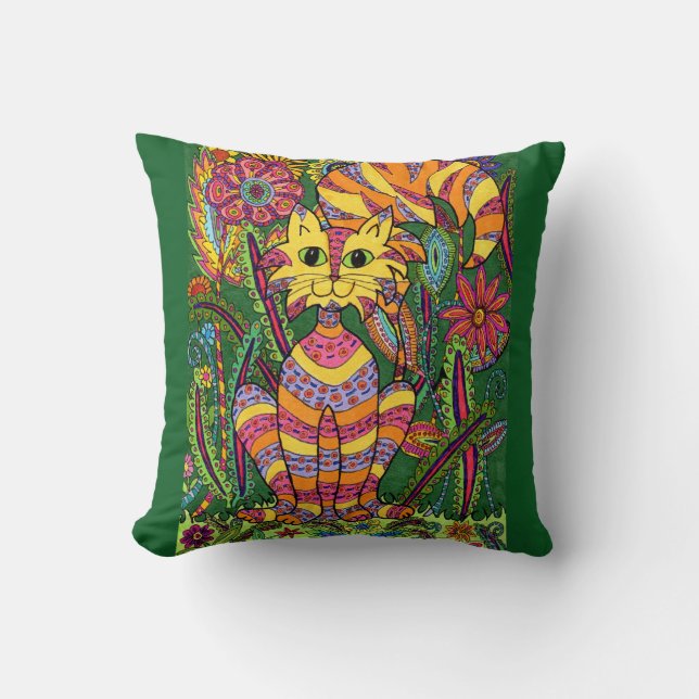 Vivid Garden Cat 2 med bakgrunden för Grönt Kudde (Framsida)