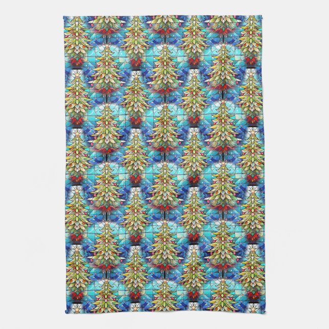 Vivid glasaktigt färgat glas Julgran Mönster Kökshandduk (Vertikal)