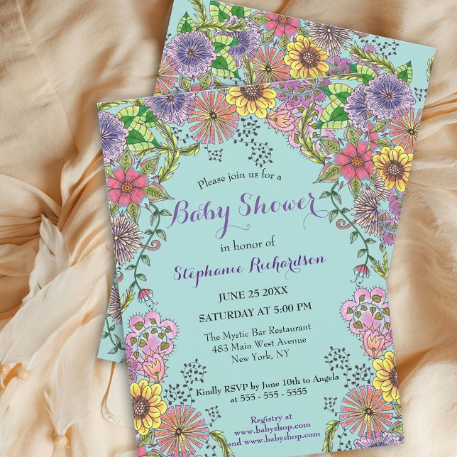 Vivid Intricate Vår Doodle Flowers Baby Shower Inbjudningar (Skapare uppladdad)