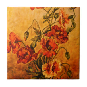 Vivid Late Victorian 1890 Oljemålning Poppies Kakelplatta
