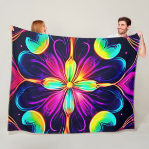 Vivid Neon Blommigt Mandala Art Fleecefilt
