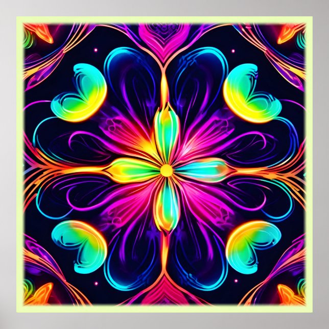 Vivid Neon Blommigt Mandala Art Poster (Framsidan)