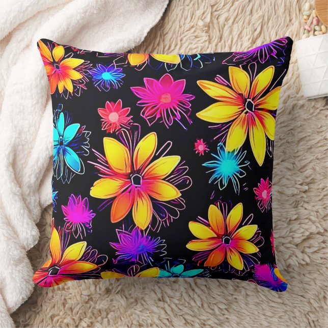 Vivid Neon Blommönster Kudde (Filt)