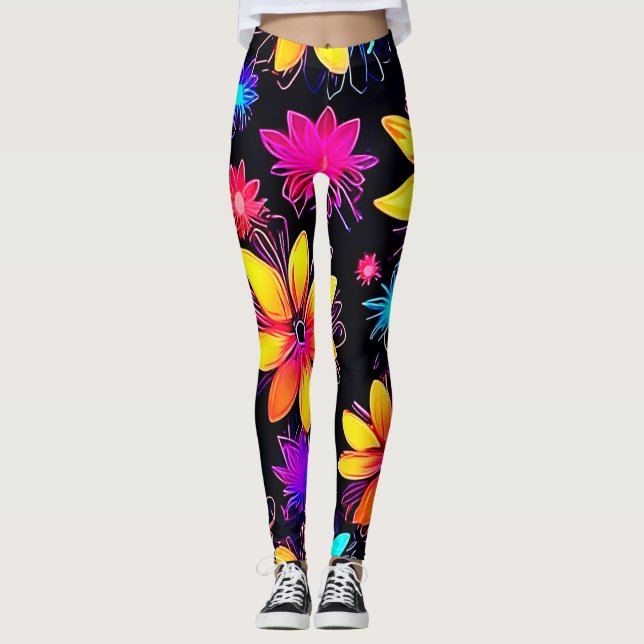 Vivid Neon Blommönster Leggings (Framsida)
