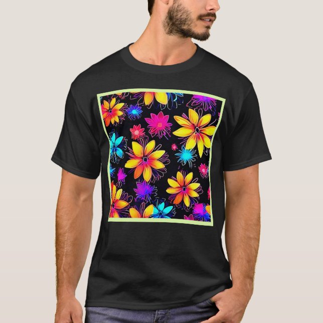 Vivid Neon Blommönster T Shirt (Framsida)