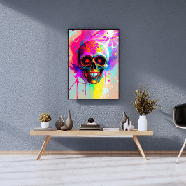 Vivid Neon Sugar Skull med Abstrakt Paint Splasma Fototryck