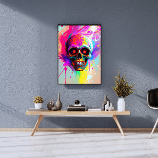 Vivid Neon Sugar Skull med Abstrakt Paint Splasma Fototryck