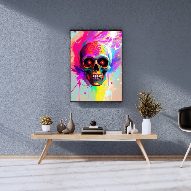 Vivid Neon Sugar Skull med Abstrakt Paint Splasma Fototryck (Skapare uppladdad)
