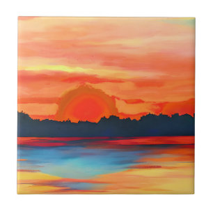 Vivid Ocean Sunset i Fiery Orange Kakelplatta