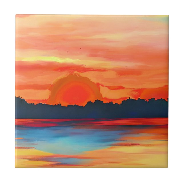 Vivid Ocean Sunset i Fiery Orange Kakelplatta (Framsidan)