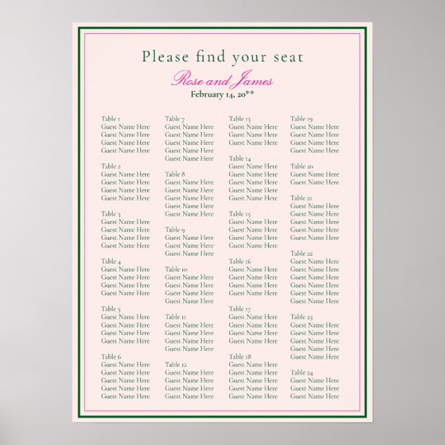 Vivid Pink Wedding Seating Chart Poster (Framsidan)